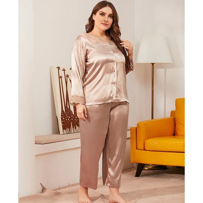 

High Quality V Neck 2 Piece Pajamas Long Sleeve Women Pajama Set Plus Size Lace Pajama For Women, Multi colors