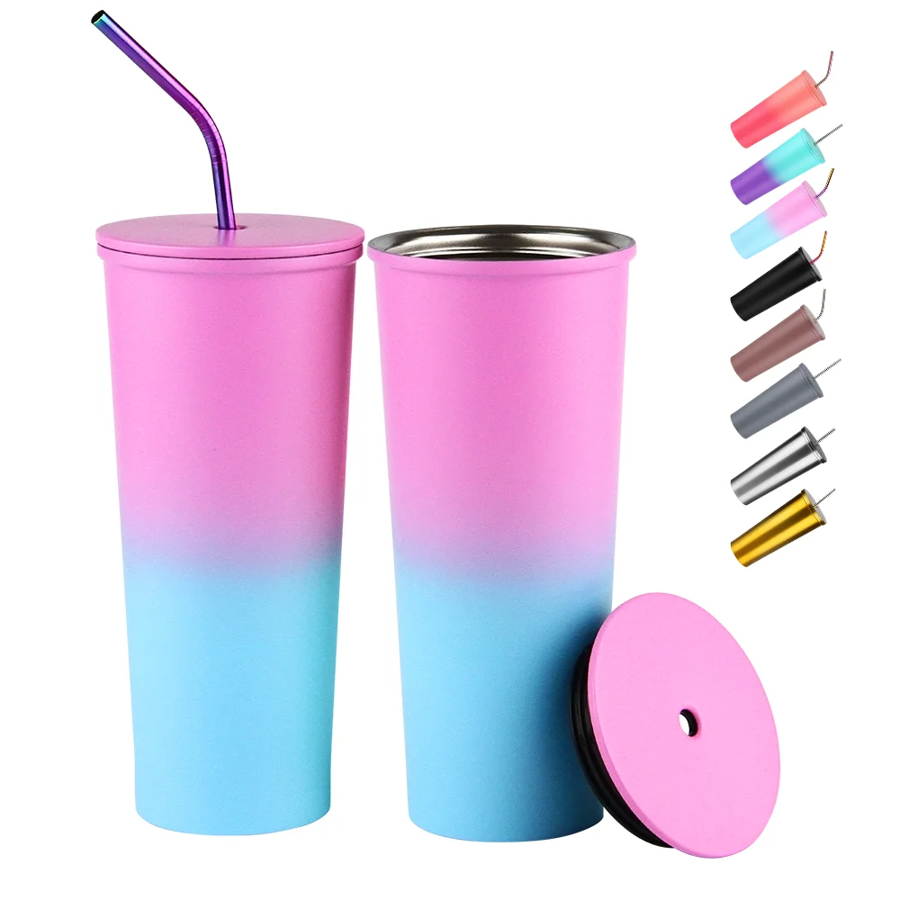

24oz double walled reusable stainless steel coffee wine tumbler insulated color changing tumbler cups in bulk with lid and straw