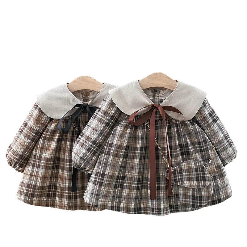 

Kids fall winter clothing clothes fashion plaid turn-down neck bows girl dress outong garment baby girl dress girls dresses