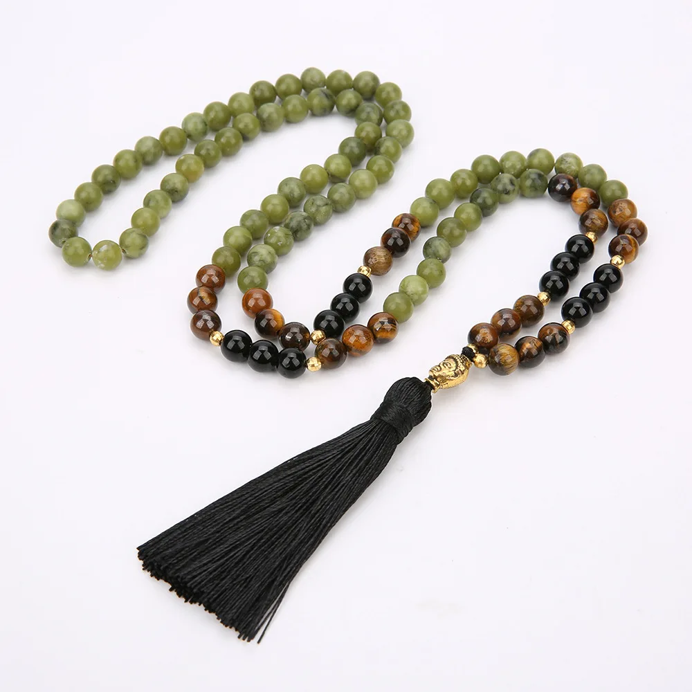 

108pcs Mala Necklace Yellow Tiger Eye Natural Jade Muslim Prayer Beads Rosary Necklace