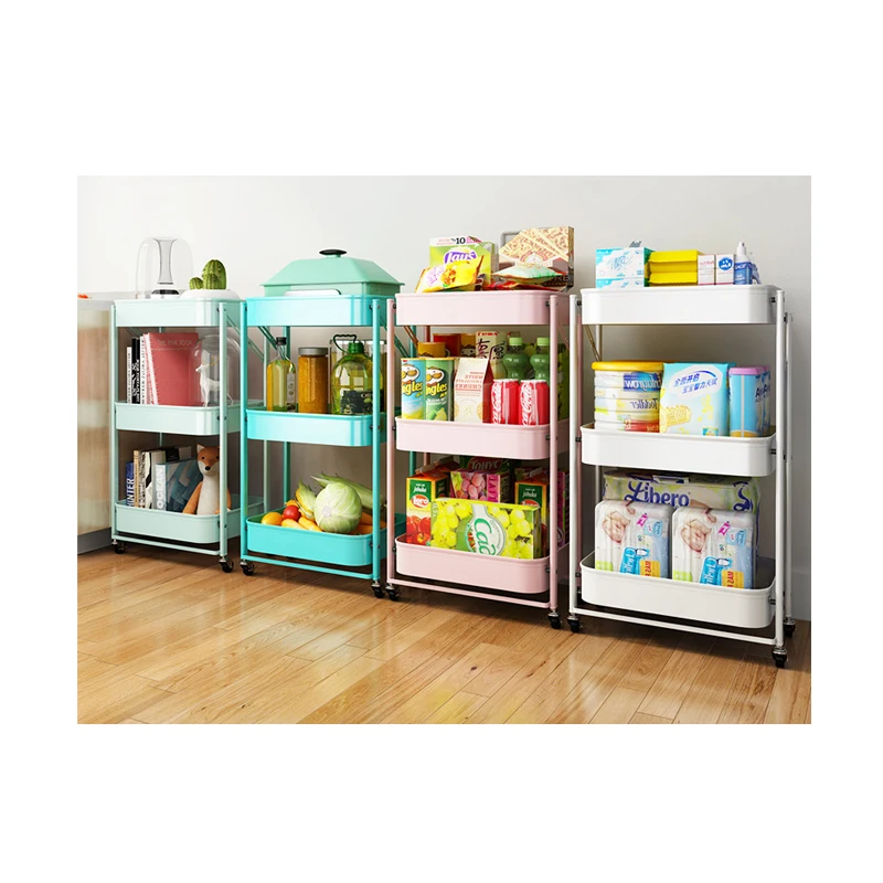 

Installation Free Folding Kitchen Beauty Salon Walk Behind Stroller Movable Baby Products 3 Layers Storage Rack