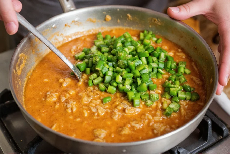 Cook preparing Mexican dish with various green chili substitutes including roasted poblanos and canned alternatives