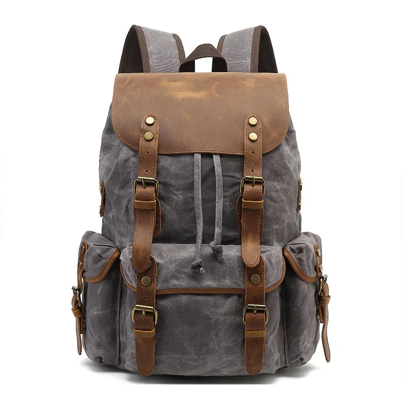 

Waxed Canvas Shoulder Rucksack for Travel Laptop School retro Laptop Backpacks Leather Backpack, As shown in the pictures