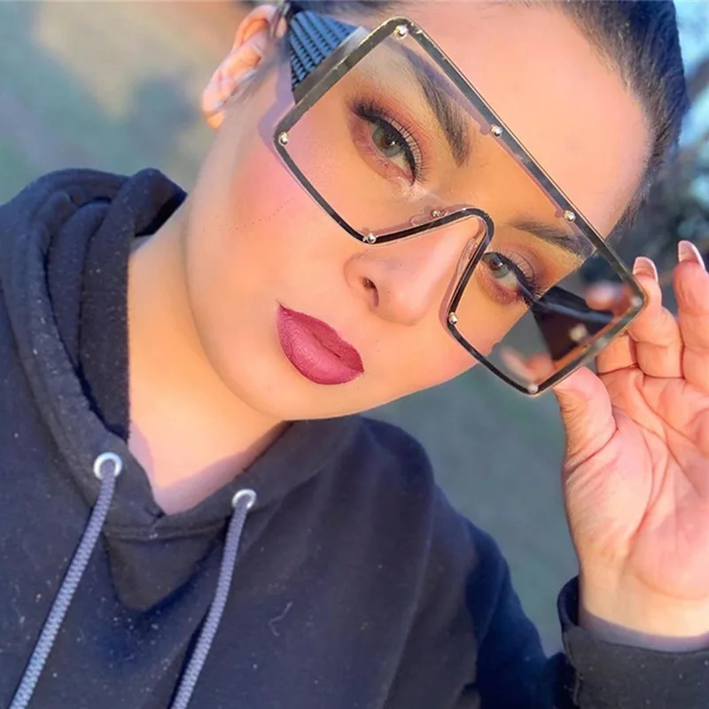 

Fashion Square One Lens Rivet Sun Glasses Gold Oversized Big Frame Glasses Clear Shades Sunglasses Women