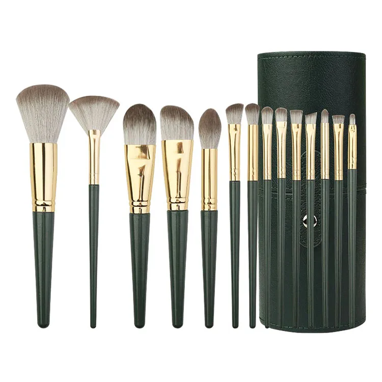 

Hot Sale 14Pcs Luxury Foundation Makeup Brushes Green Kit Wooden Handle Soft Hair Branding Eyeshadow Brushes Set With Bag
