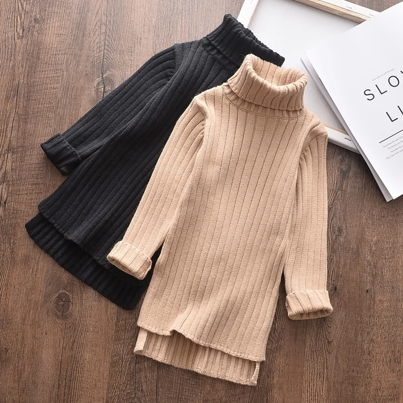 

New Arrival Long Sweaters for Kids Girls Falll Children Clothing Teenage Turn-down Collar Sweaters Solid Color Knit clothes, As picture