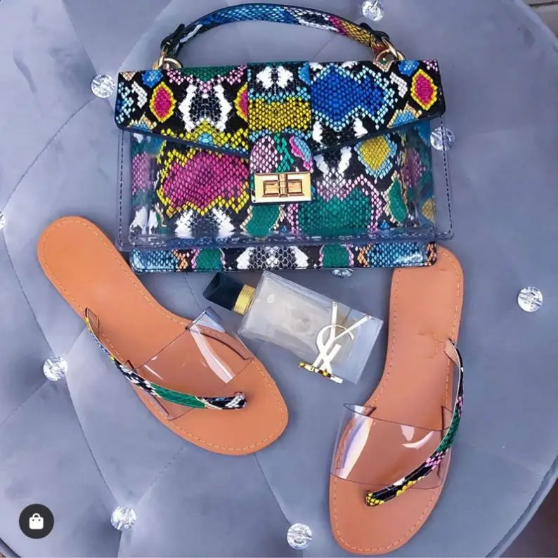 

2021 summer lady's sandals and purse sets matching slippers and bag purse set fashionables snake print purse and sandal sets