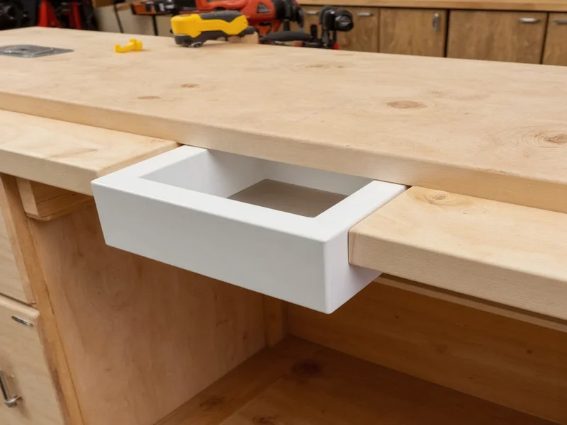 DIY workbench with PVC tool tray and recessed vise channel