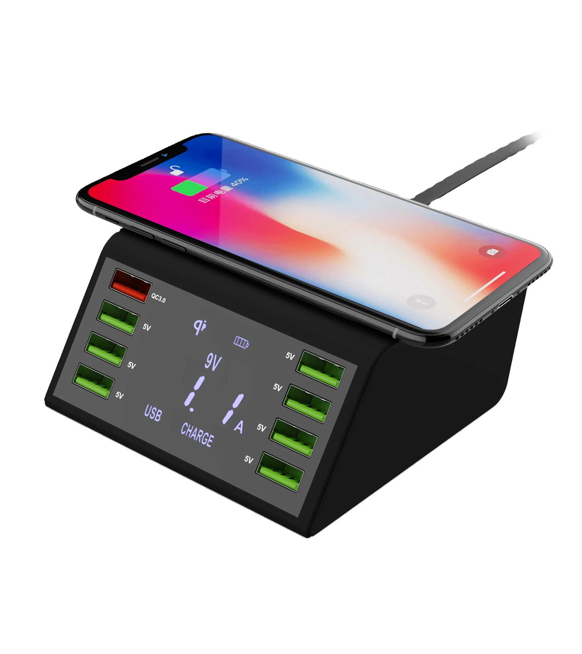 

Universal Qc3.0 Fast Charging 8 Ports Charging Station 10W Qi Wireless Phone Usb Charger With Led Display