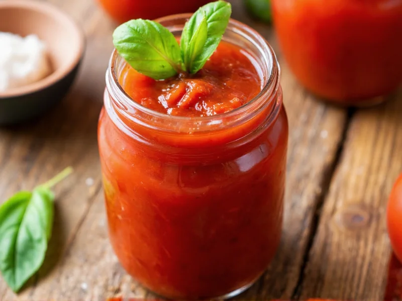 Fresh homemade pizza sauce in mason jar with basil garnish