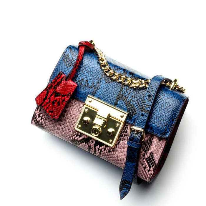 

New arrival embossed python pattern fashion leather designer crossbody bags lady handbag shoulder bag, Yellow &blue,blue &pink,green & pink,red &pink,blue & grey