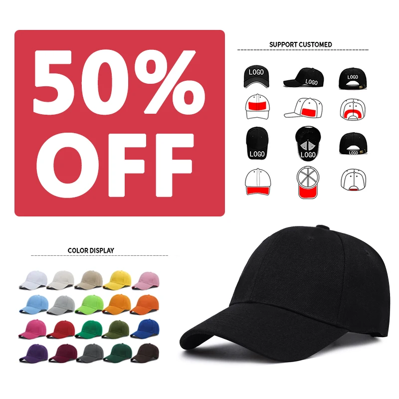 

50% discount Gorras 6-panel Cotton Polyester base ball Sports Cap Hat Fashion OEM Embroidery Cheap Custom Baseball Cap