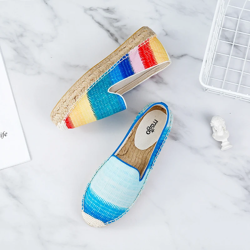 

The fashion cheap women colorful fabric canvas rainbow effect cute french binding wedge espadrilles flat shoes, Red/blue