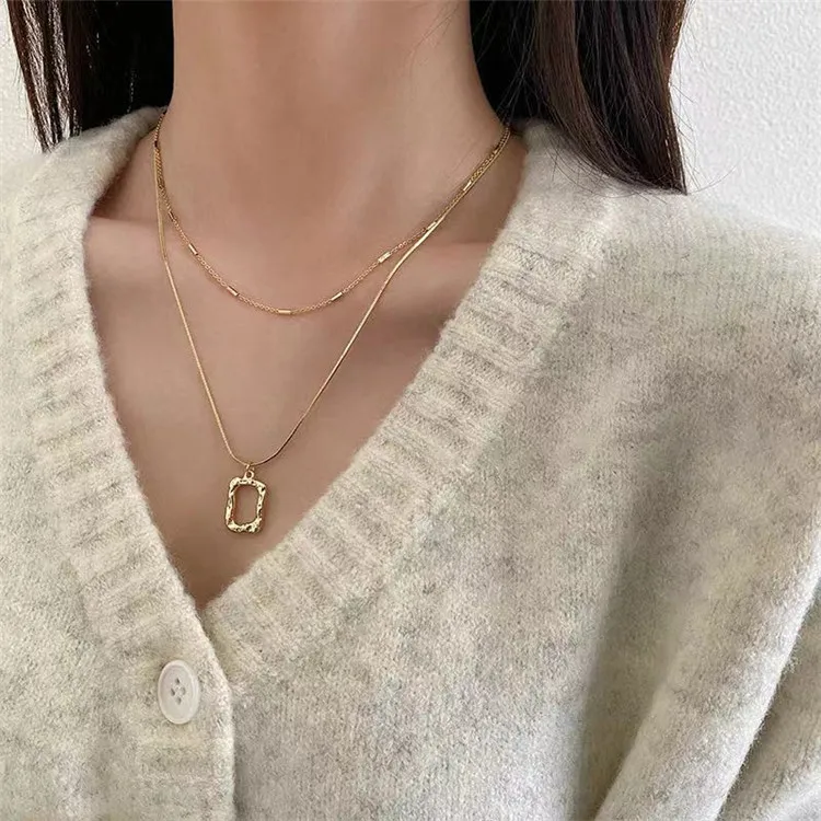 

New Arrivals Hip Hop Double Layer Gold Filled Square Pendant Necklace Luxury Geometric Snake Bone Chain Necklace For Wedding