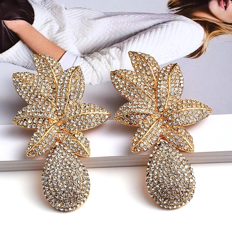 

New Long Gold Metal Flower Crystal Dangle Drop Earrings Rhinestone Jewelry Accessories For Women