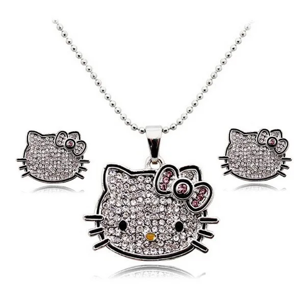 

Spot full diamond bowknot cute fashion Hello Kitty cat crystal necklace pendant clavicle necklace