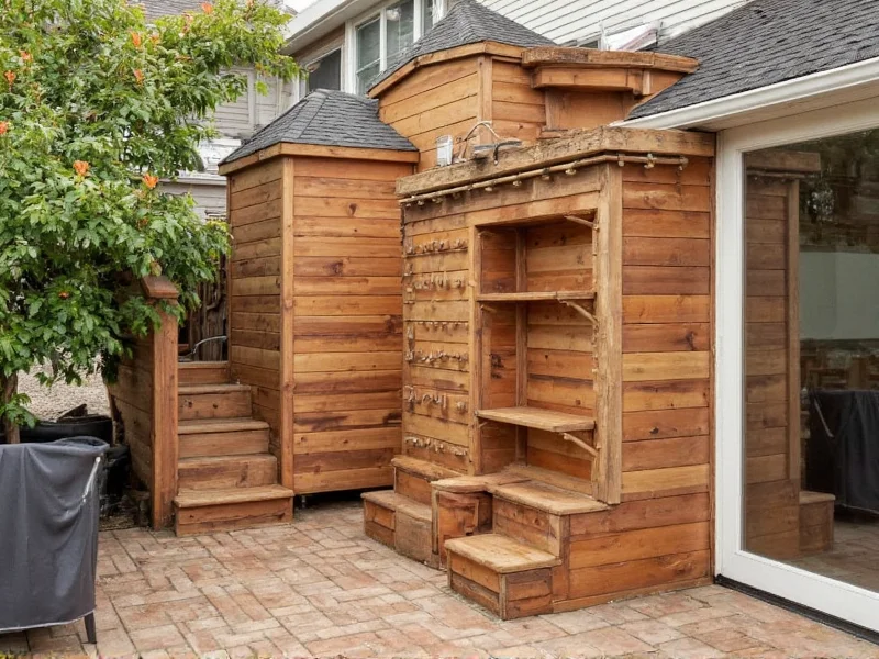 Reclaimed wood catio with climbing shelves and sun perch