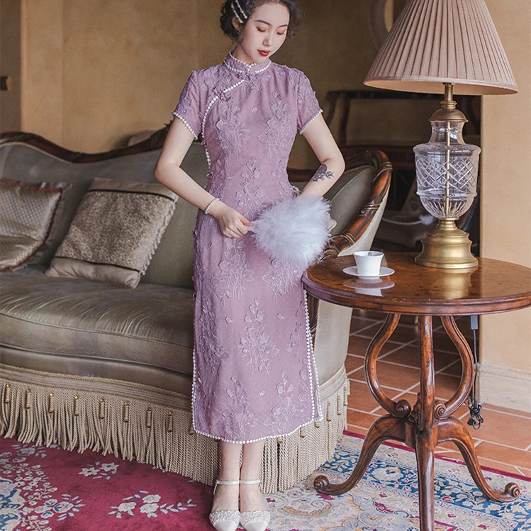
Custom Dresses,Midi Pink Soft Summer Chinese Modern Qipao for Women 