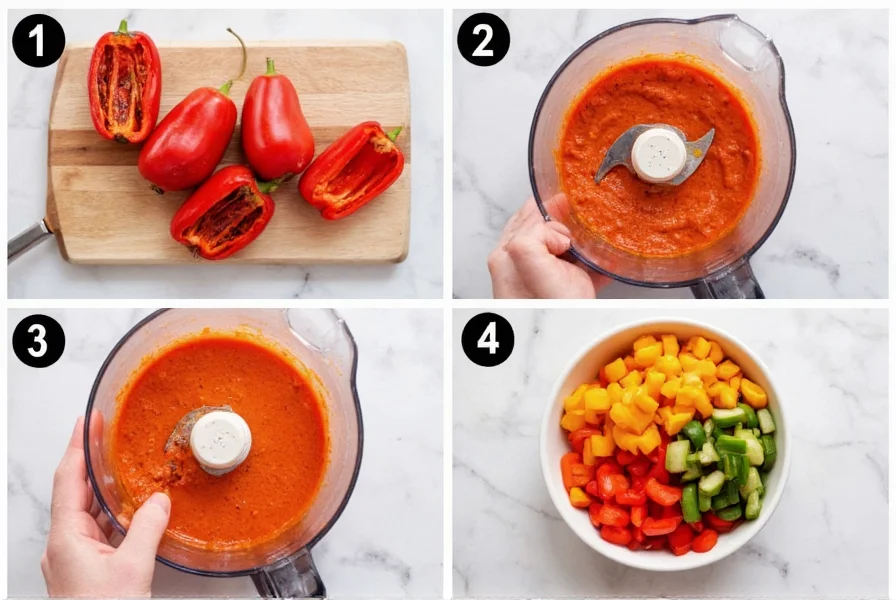 Step-by-step preparation of roasted red pepper dip showing roasted peppers, blending process, and final presentation in a serving bowl with vegetables