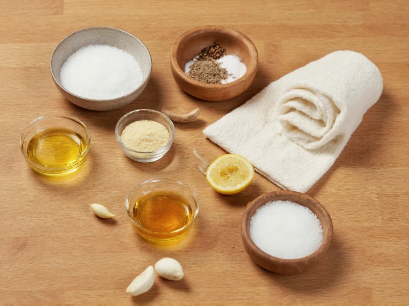 Homemade scalp scrub ingredients on wooden table