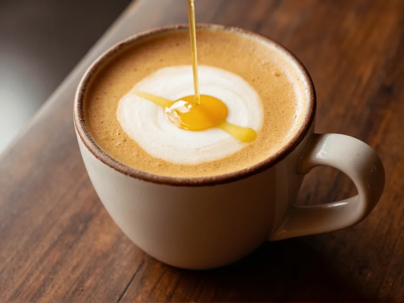Vanilla syrup drizzled over latte in ceramic mug