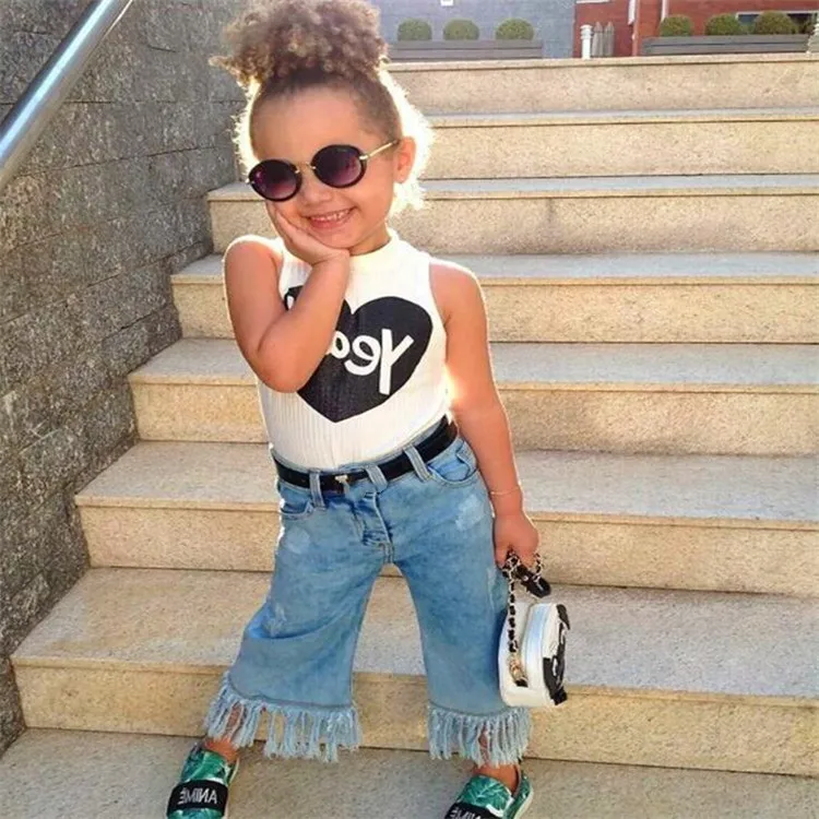

Baby Kids Sleeveless White Cotton Tops+Tassel Jeans Casual Outfit Sets New Style 1-5Y Summer Toddler Girl Clothes