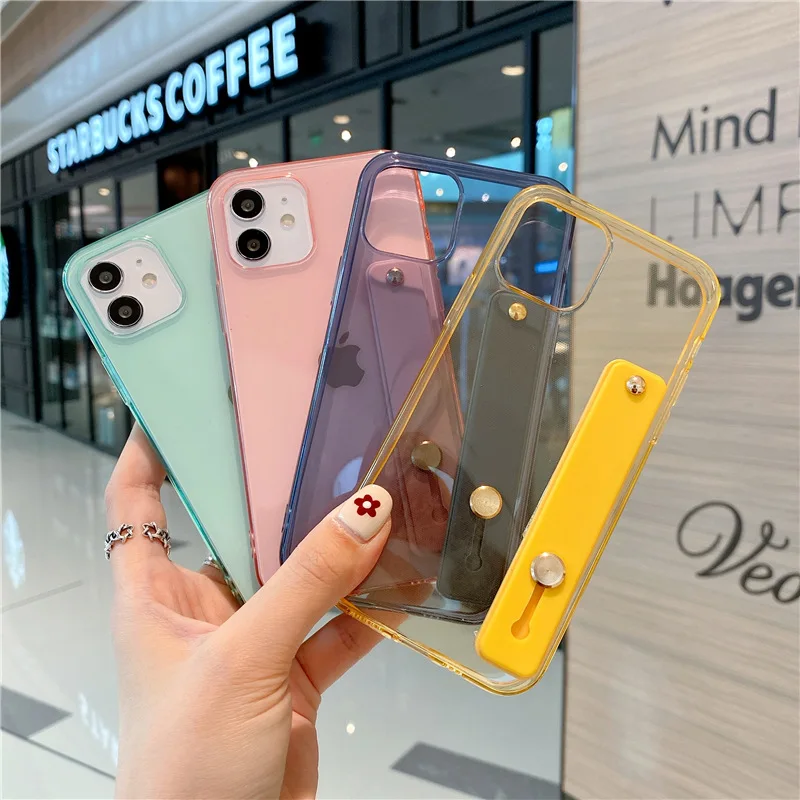 

For iPhone 11 12 Pro Max Cases Candy Color Transparent Wristband Phone Case For iPhone X XXS Max 7 8 Plus Clear Back Cover