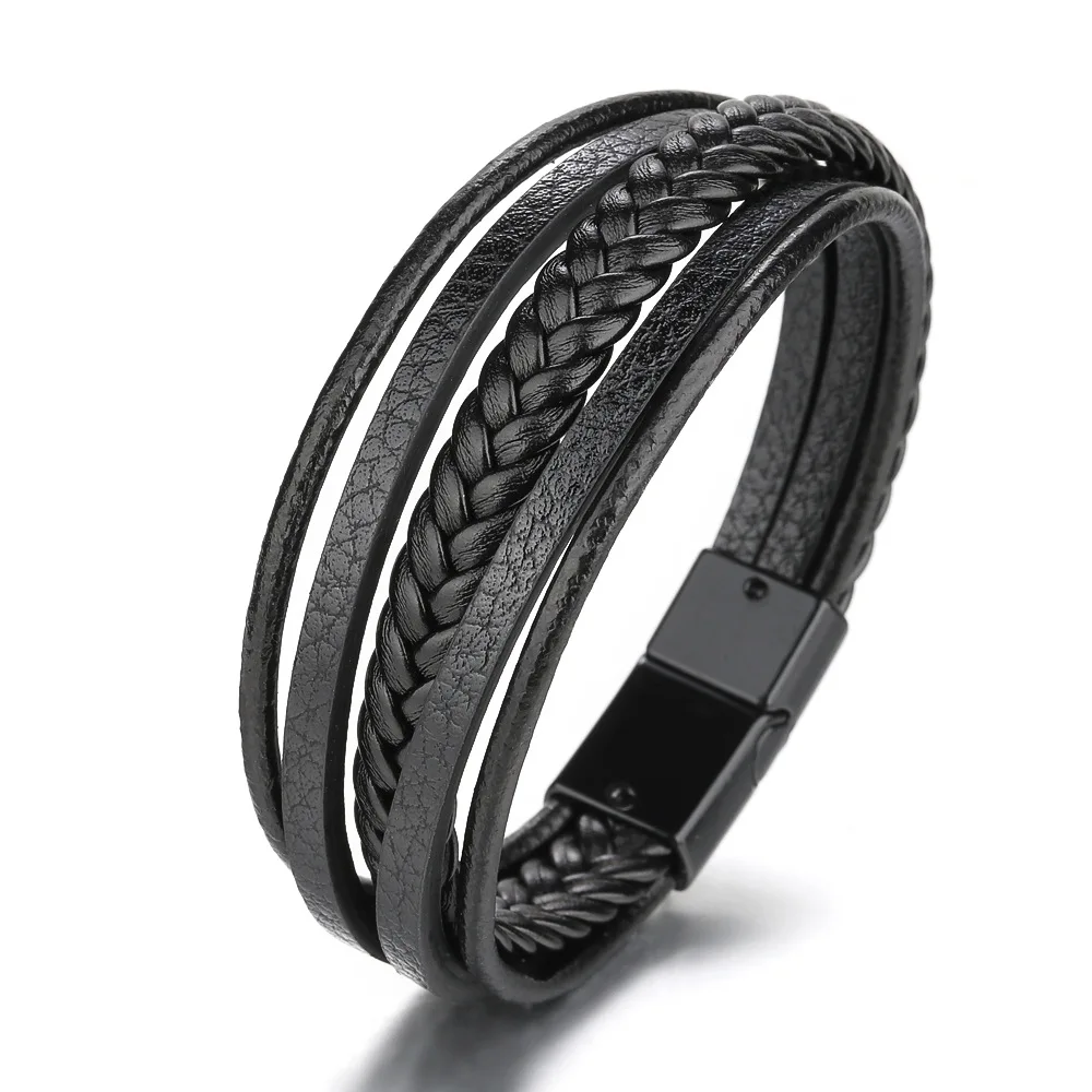 

Fashionable Mens Jewelry Brown Black PU Leather Braided Bracelet Magnetic Clasp Multi Layers Leather Cuff Bracelet