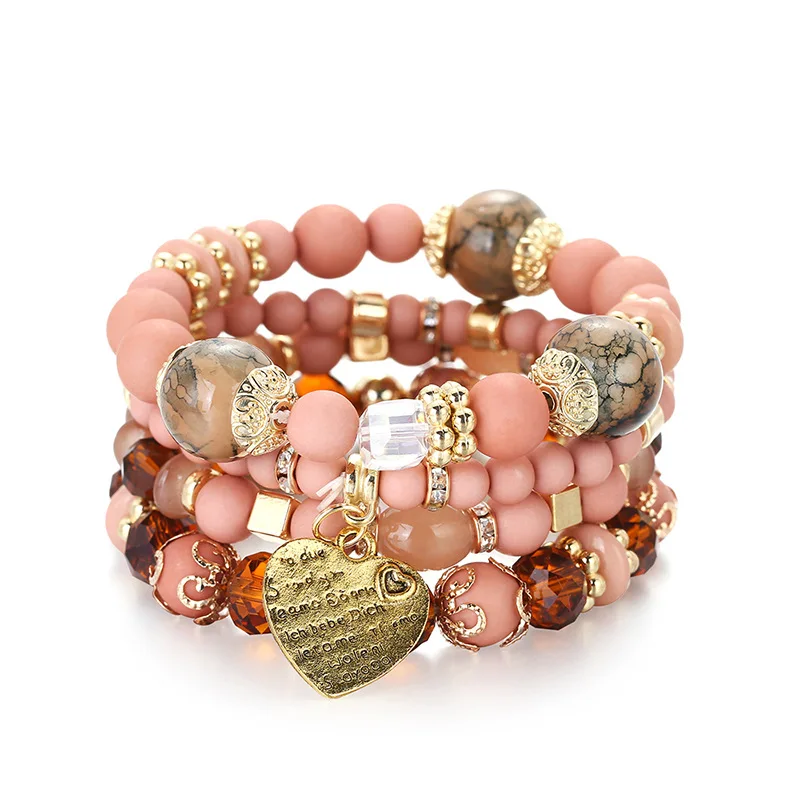 

Hot Set of 4 Pieces Multi Strands Romantic Heart Charm Bohemian Boho Jewelry Multifarious Acrylic Glass Stretch Bead Bracelets, 6 colors