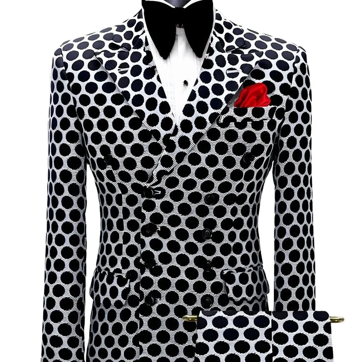 Double Breasted Dark Blue & White Polka Dot Classic Men Suit - 3 Piece Custom Size Matching Pant