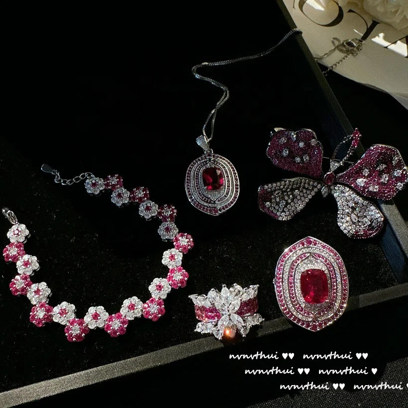 DEYIN 2024 Girl VintageTassel Silver Chain Asymmetric Pink Zircon Bracelet Necklace Earrings Jewelry Sets