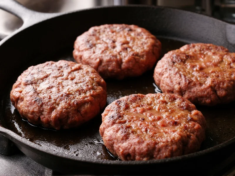 Juicy hamburger patties sizzling on cast iron skillet