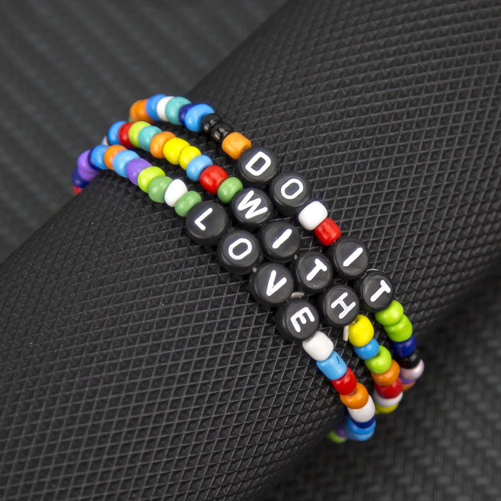 

New Arrival Rainbow Acrylic Word Beaded Bracelet Handmade Lover Name Letter Bracelet, Gold, silver