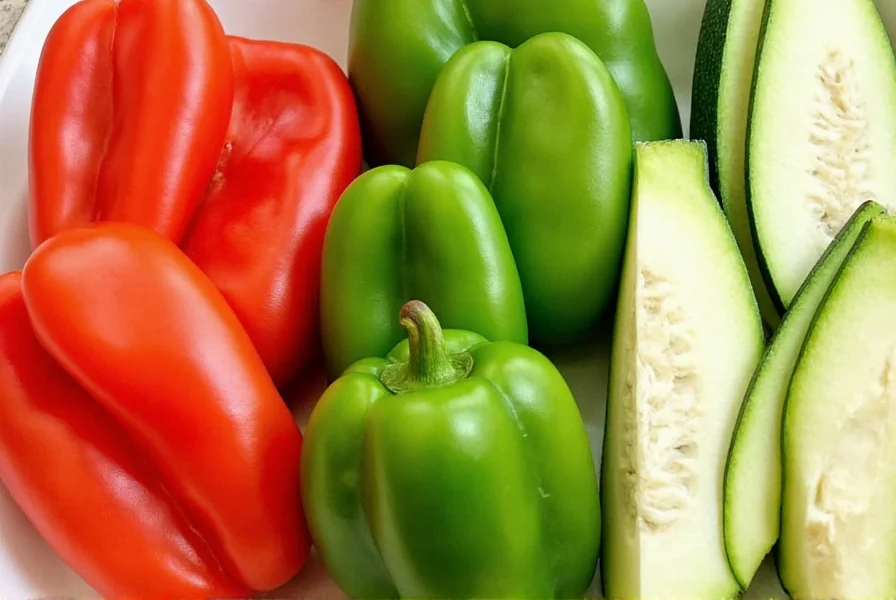 Close-up comparison of green bell pepper alternatives including red bell pepper, poblano, and zucchini sliced side by side