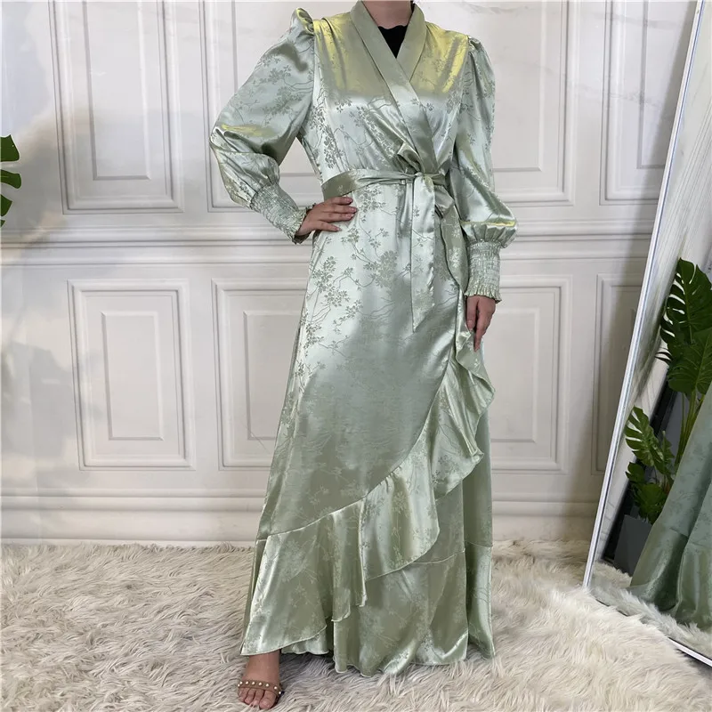 

Silk Long Sleeve Wrap Dresses Side Ruffle Turkey Islamic Arab Muslim Robe Satin Floral Maxi Dress Abaya, 5 colors available