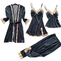 

Wholesale Four Piece Winter Lounge Wear Long Sleeves Velvet Nightwear Pajamas Set For Women