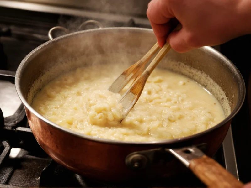 Stirring rice pudding in copper pot on stove