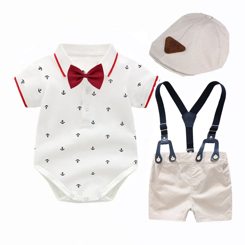 

Newborn Baby boys gentle Clothing Set printed shirt romper top + overalls + hat outfits Clothes set, Picture shows