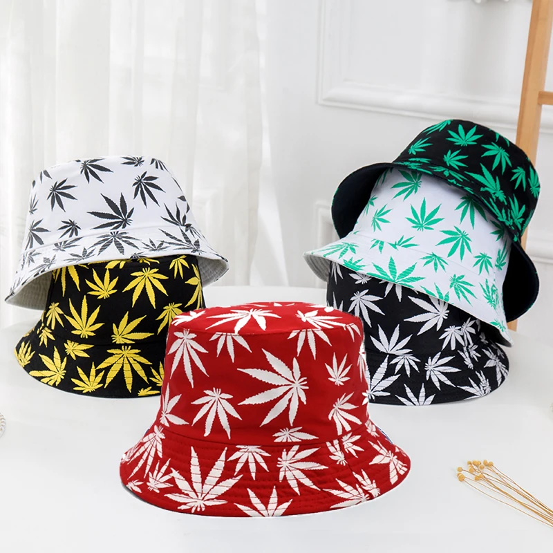 

HB19 new leaf print wide brim wide brim travel beach summer cotton flattop sunscreen basin fisherman bucket hat cap