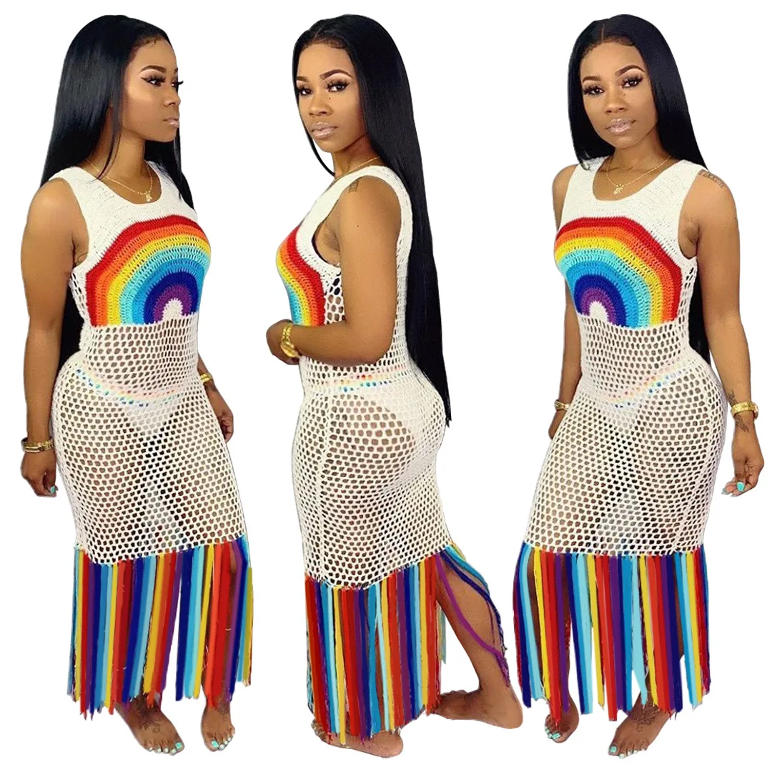 

2021 sexy rainbow fringe crochet mini knitted bikini plus size white beach see through mesh swimsuit cover up skirt