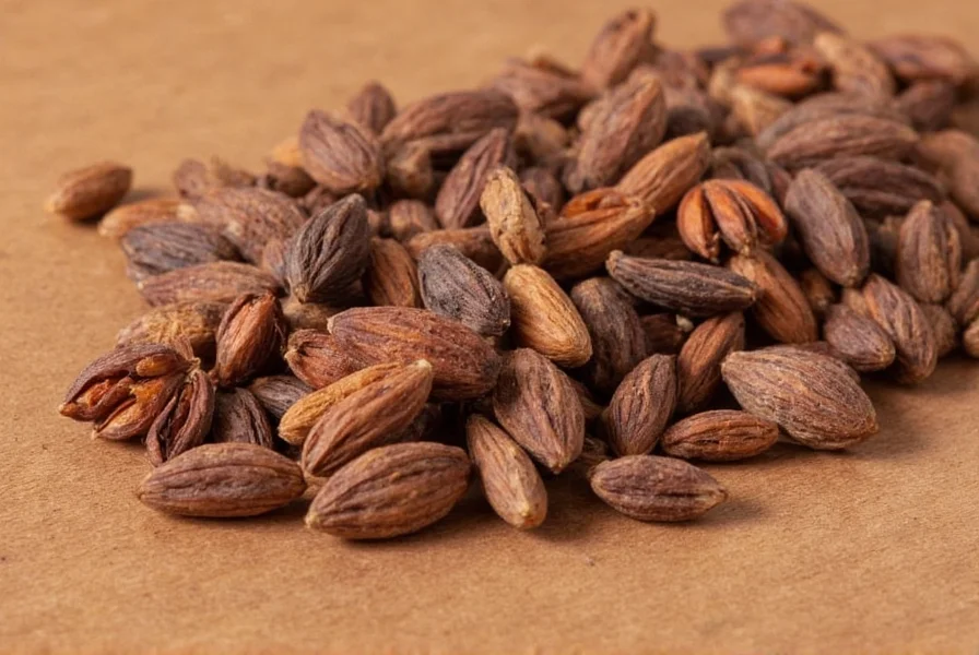 Close-up of anise seeds on wooden background with phonetic pronunciation guide AN-iss