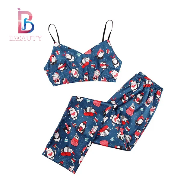 

Ibeauty Christmas Printed Lingerie Dress Night Suit for Ladies with Sleeves Top and Caff-length Pants Satin Pajamas, Christmas printing