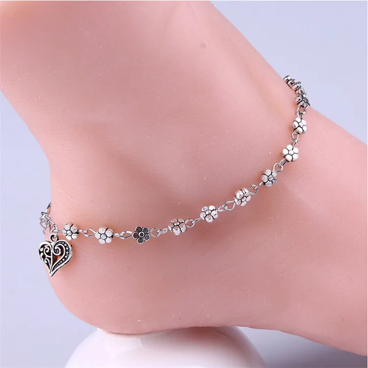 

European and American vintage silver, Tibetan silver hollow plum flower foot ornament, peach heart-shaped anklet, As picture