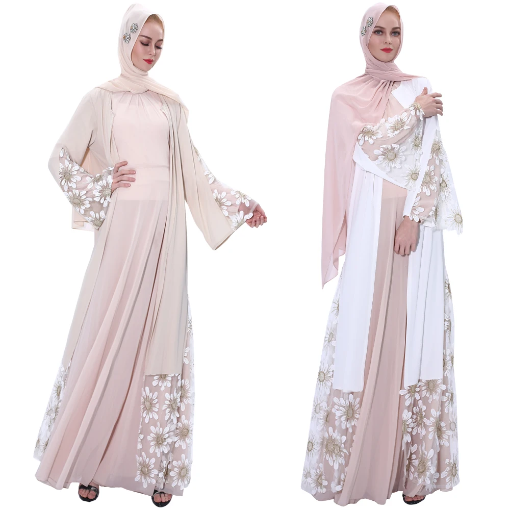 

Women islamic clothing ramadan elegant fashion horn sleeve lace up mesh splicing saudi flower embroidery open abaya kimono dress