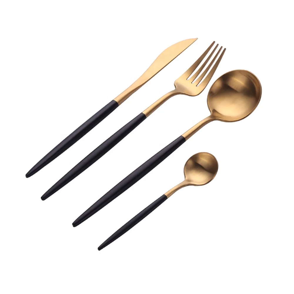 

Metal black gold restaurant wedding cutlery fork and spoon set portable 304 stainless steel reusable flatware gift set, Golden