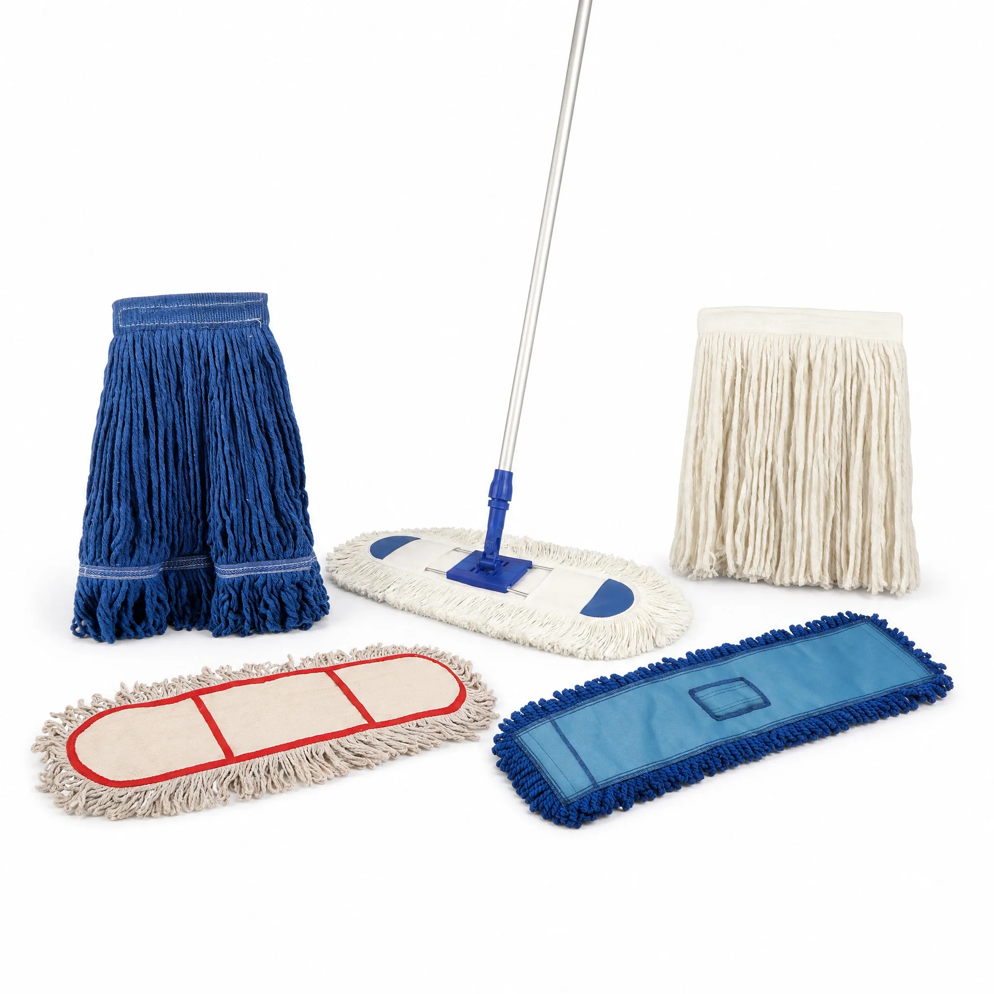 Cotton dust flat mop heads in sleeve and bound form beside a splicing pole and frame