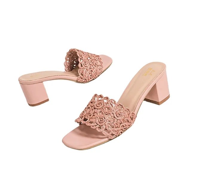 

2021 PP grass material Weaving Hot selling Summer Sandals women sexy pumps Square Sandals Shoes, Black, brown, yellow, green, pink, gray, off white