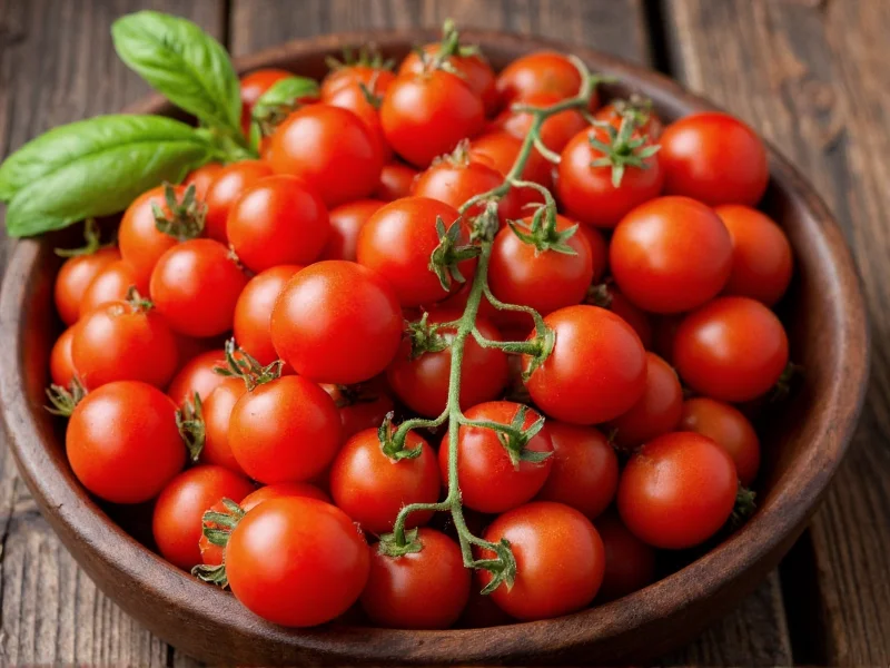 Ripe red tomatoes in wooden bowl with basil