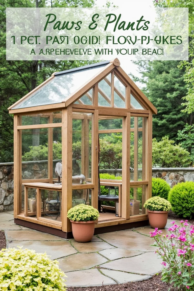 A modern greenhouse with a built-in cat window perch