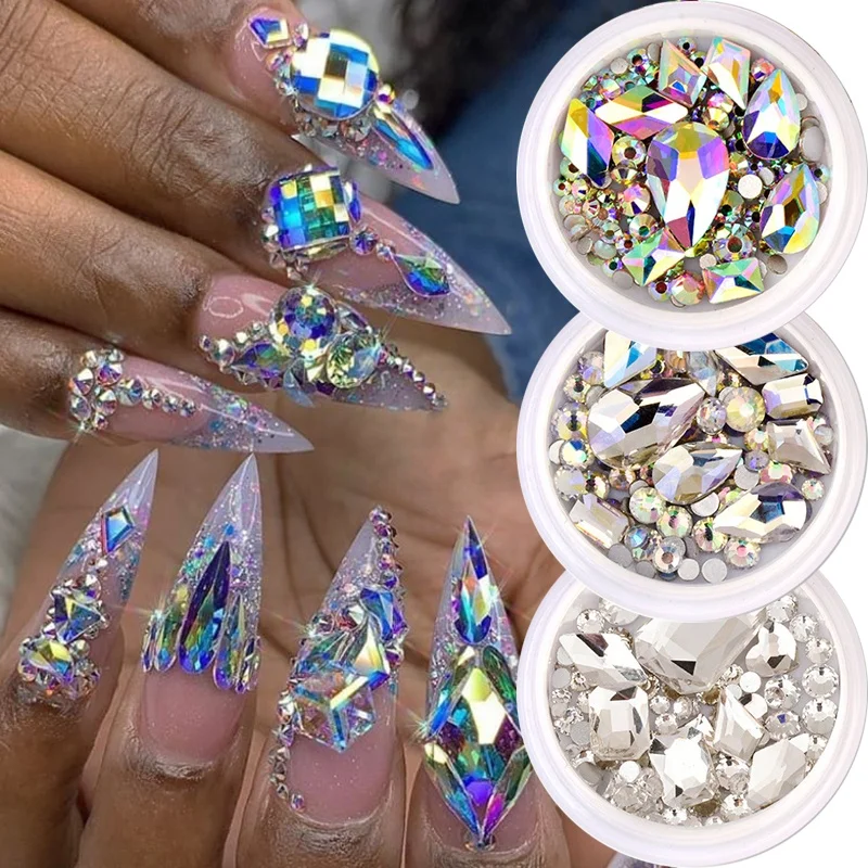 

1 Box Diamond Shiny Nail Rhinestone AB Flat Back Glass Crystals Mixed Size Gems Acrylic 3D Nail Art Decorations Stone Manicure